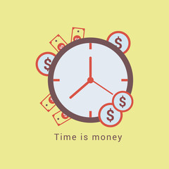 Wall Mural - Flat design Clock with Dollar and coins Time is Money concept