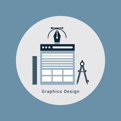 Fototapete - Flat designed graphic designer items and tools, office various objects and equipment