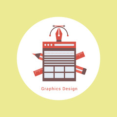 Fototapete - Flat designed graphic designer items and tools, office various objects and equipment