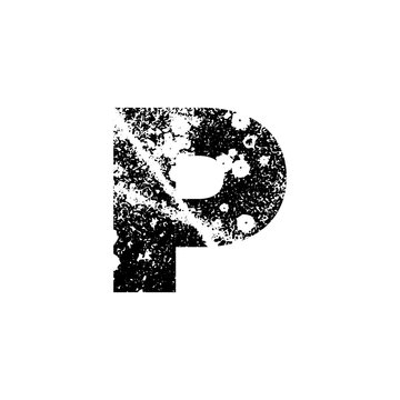 Painted letter P. Abstract handmade sans serif typeface. Distress textured font. Ink splatter surface trace. Vector stock illustration EPS 10. Isolated on white.