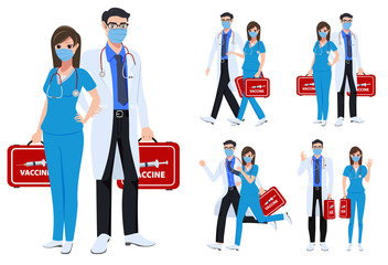 Medical staff character set vector concept design. Covid-19 front liners doctor and nurse characters fighting corona virus and holding vaccine isolated in white background. Vector illustration.