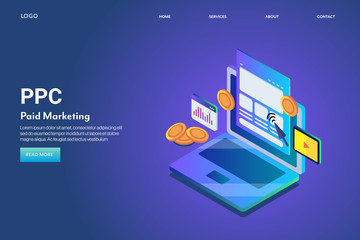 Ppc - pay per click program, website traffic analysis, digital advertising management system with isometric laptop concept. 3d style advertising technology web banner template.