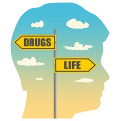 Double exposure portrait of young man and road signs. DRUGS and LIFE text pointing in opposite directions