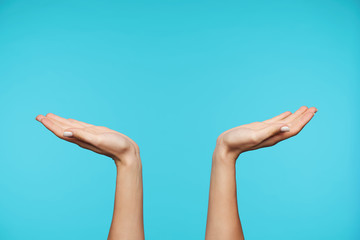 Close-up of pretty female's hands raising up palms while posing over blue background, keeping hands away from each other. Hands signs and gesturing concepts