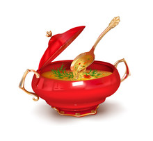 Red Tureen With The Soup And Spices. Vector Illustration.  Soup In The Saucepan.