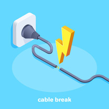 Isometric Vector Image On A Blue Background, A Tattered Cable Plugged Into An Outlet And Lightning From A Short Circuit, Electric Shock Warning