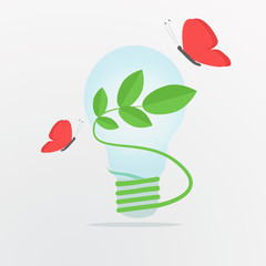 Poster - Ecology and green energy. Light bulb with plant and butterflies on white background, illustration