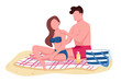 Couple applying sunscreen oil on beach flat color vector faceless characters. Boyfriend and girlfriend sunbathing isolated cartoon illustration for web graphic design and animation