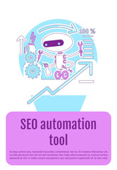 Poster - SEO automation tool poster flat silhouette vector template. Brochure, booklet one page concept design with cartoon characters. Search engine optimization bot flyer, leaflet with text space
