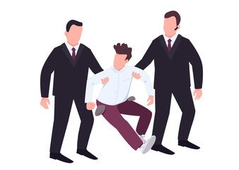 Poster - Security with troublemaker flat color vector faceless characters. Casino guardians in black suits walk off fraud. Loser with empty pockets resists agents. Felony isolated cartoon illustration