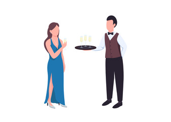 Poster - Elegant flat color vector faceless characters. Man in uniform with tray. Male waiter serving sparkling wine. Woman in formal dress hold wine glass. Catering service isolated cartoon illustration
