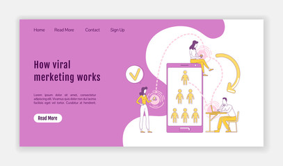 Poster - How viral marketing works landing page flat silhouette vector template. Online promotion homepage layout. Social network one page website interface with cartoon outline character. Web banner, webpage