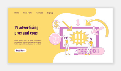 Poster - TV advertising pros and cons landing page flat silhouette vector template. Digital marketing homepage layout. Video ads one page website interface with cartoon outline character. Web banner, webpage