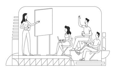 Poster - Business school thin line vector illustration. Teacher and students outline characters on white background. Corporate mentorship, professional training course, coaching simple style drawing