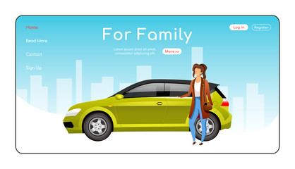 Poster - For family landing page flat color vector template. Automobile dealership service homepage layout. Car sale one page website interface with cartoon character. Spacious hatchback web banner, webpage