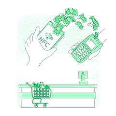 Poster - Mobile payment thin line concept vector illustration. Person paying with smartphone at supermarket checkout 2D cartoon character for web design. NFC, contactless money transfer creative idea
