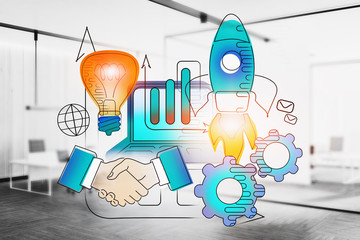 Poster - Creative startup sketch over office background