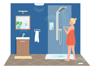 Poster - Girl in smart bathroom flat color vector faceless character. Young woman controlling shower remotely. Internet of things technology control cartoon illustration for web graphic design and animation