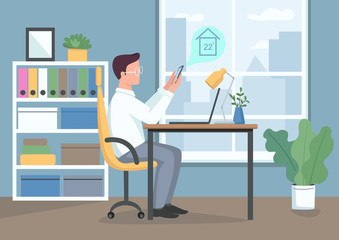 Poster - Automated climate control flat color vector illustration. Guy controlling smart home thermostat. Domestic life innovations. Young man with smartphone 2D cartoon character with workplace on background