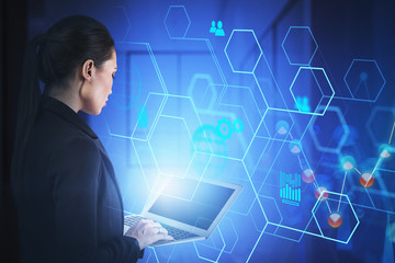 Poster - Woman with laptop in office, business interface