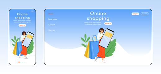 Poster - Online shopping adaptive landing page flat color vector template. Internet store mobile and PC homepage layout. Marketplace one page website UI. E commerce webpage cross platform design