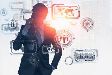 Poster - Man on phone in city, business interface
