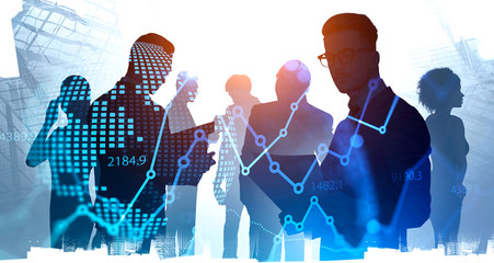 Poster - Diverse business team in city, network and graph