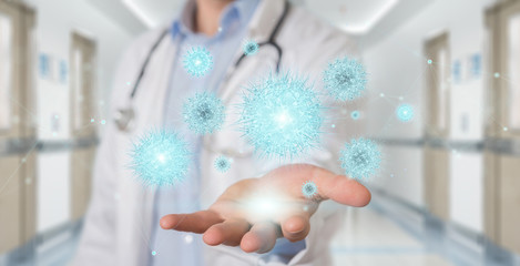 Poster - Doctor analyzing coronavirus on microscopic close-up 3D rendering