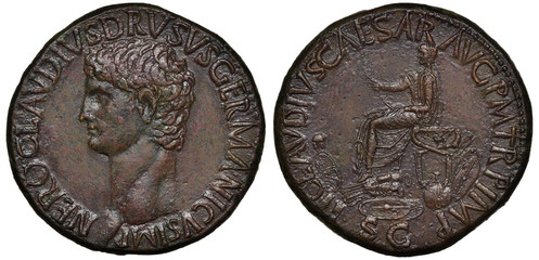 Ancient Roman Empire bronze coin sestertius 41-50 AD, ruler Emperor Claudius, Drusus the Elder (brother of Emperor Tiberius and father of Claudius) left, Claudius in toga sitting on curule seat, 