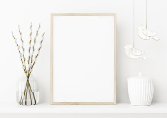 Aufkleber - Vertical poster frame mockup. Spring interior decoration with willow branches and hanging birds on empty white wall background. A4, A3 size format. 3D rendering, illustration.