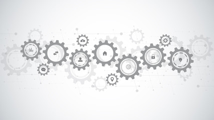 Poster - information technology with infographic elements and flat icons. cogs and gear wheel mechanisms. hi-