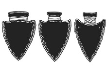 Set Of Illustrations Of Ancient Stone Arrowheads. Design Element For Emblem, Sign, Poster, T Shirt. Vector Illustration