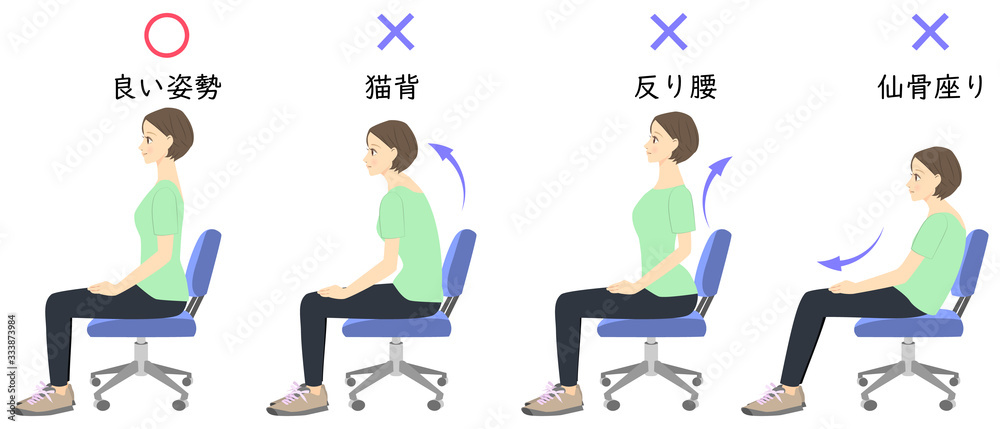 正しい姿勢で椅子に座る女性　比較イラスト　02 - obrazy, fototapety, plakaty 