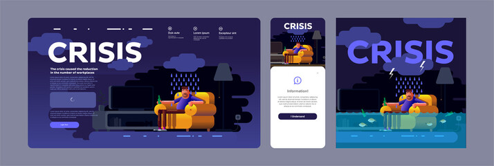Vector illustration. Economic crisis and unemployment in the world. A man sitting at home in crisis. Website template, mobile screen, cover.