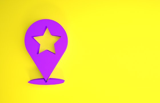 Purple Map pointer with star icon isolated on yellow background. Star favorite pin map icon. Map markers. Minimalism concept. 3d illustration 3D render