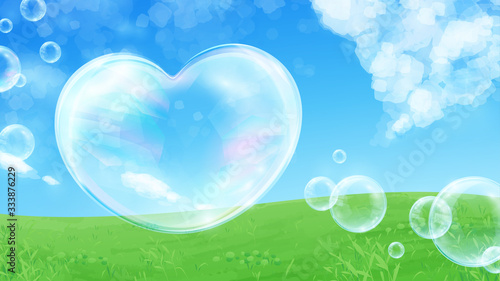 ハートのシャボン玉の背景イラスト 空 草原 16 9 Wall Mural ふわぷか