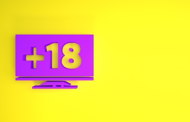 Purple Computer monitor with 18 plus content icon isolated on yellow background. Age restriction symbol. Sex content sign. Adult channel. Minimalism concept. 3d illustration 3D render