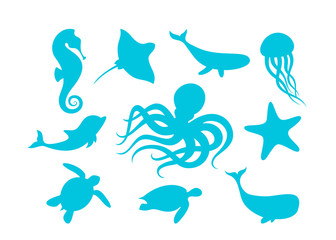 Wall Mural - Marine animals outline set vector illustration. Isolated silhouettes of marine mammals and fishes collection on white background. Blue whale, octopus and turtle, dolphin, ray and seahorse.
