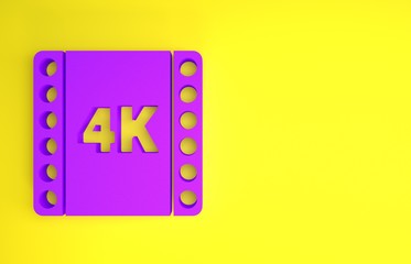 Wall Mural - Purple 4k movie, tape, frame icon isolated on yellow background. Minimalism concept. 3d illustration 3D render