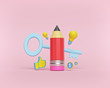© FOTOSPLASH - creativity, idea and success concept. minimal objects. pencil, key, bulb and coins isolated on pastel pink background. 3d rendering