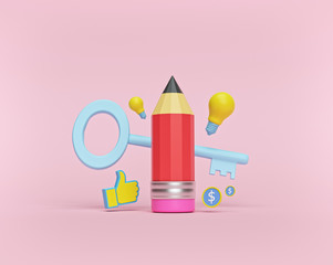 Fototapete - creativity, idea and success concept. minimal objects. pencil, key, bulb and coins isolated on pastel pink background. 3d rendering