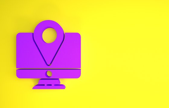 Purple Computer monitor and folded map with location marker icon isolated on yellow background. Minimalism concept. 3d illustration 3D render
