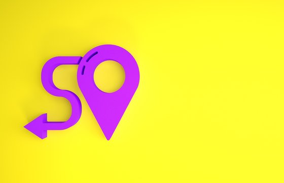 Purple Route location icon isolated on yellow background. Map pointer sign. Concept of path or road. GPS navigator. Minimalism concept. 3d illustration 3D render