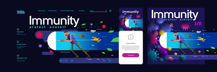 Wall Mural - Vector illustration of immunity and viruses. A man resists viruses. Web site Template, mobile screen, cover.