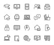 Vector set of online education line icons. Contains icons remote learning, video lesson, online course, homework, online test, webinar, audio course and more. Pixel perfect.