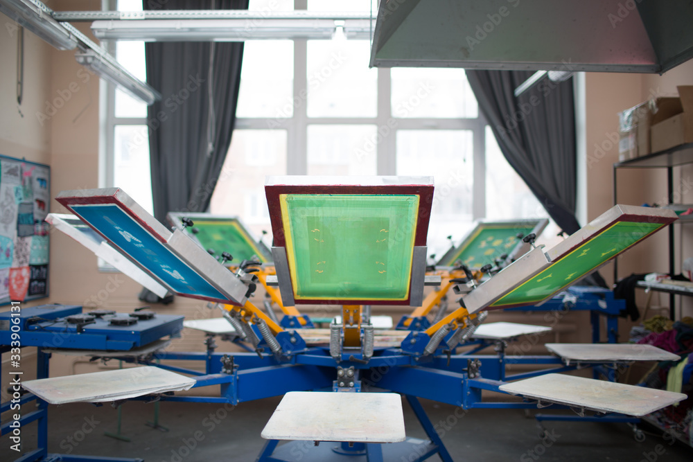 Carousel Machine Screen Silk screen printing. Serigraphy. Color paints and fabric. Carousel ...