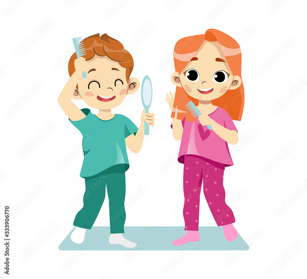 Concept Of Personal Hygiene Procedures. Happy Cheerful Children Combing  Their Hair Looking At The Mirror. Portrait of Beautiful Kids Combing Hair  In The Bathroom. Cartoon Flat Vector Illustration Stock Vector | Adobe, image size:1000x910