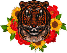 Tiger Head Head Face And Composition Flowers Yellow Sunflowers Roses Vector Illustration Print