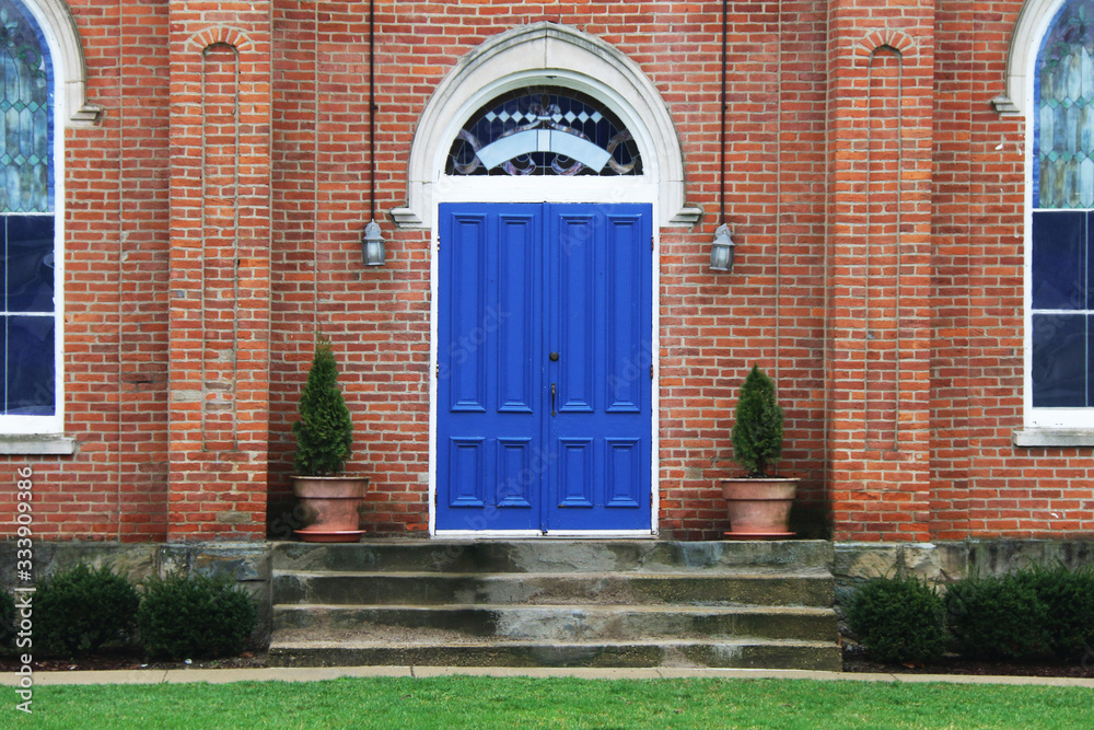 beautiful blue doors vintage old brick church Stock Photo | Adobe Stock