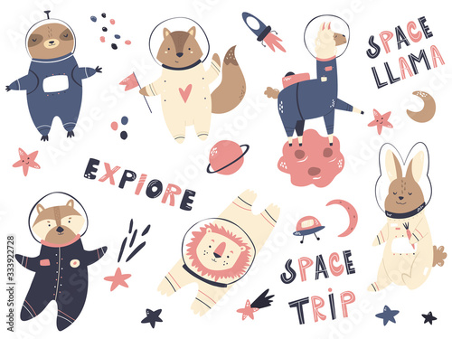 Fotomural Big set of astronaut animals and space animals.
